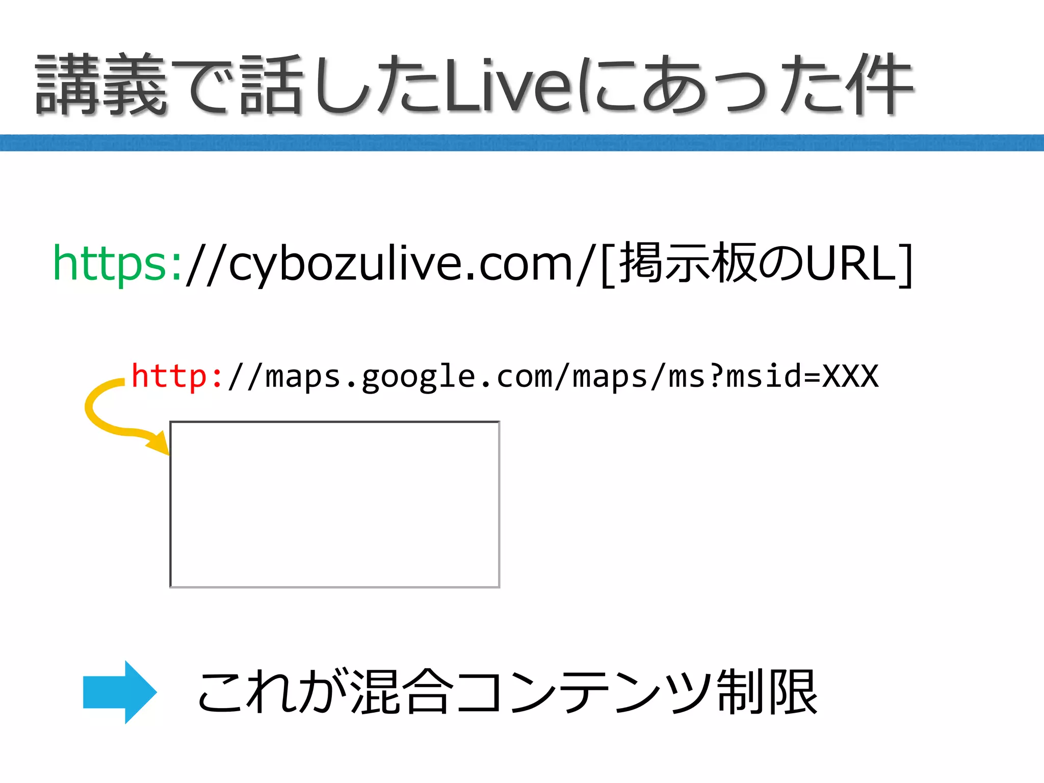 講義で話したLiveにあった件
http://maps.google.com/maps/ms?msid=XXX
https://cybozulive.com/[掲示板のURL]
これが混合コンテンツ制限
 