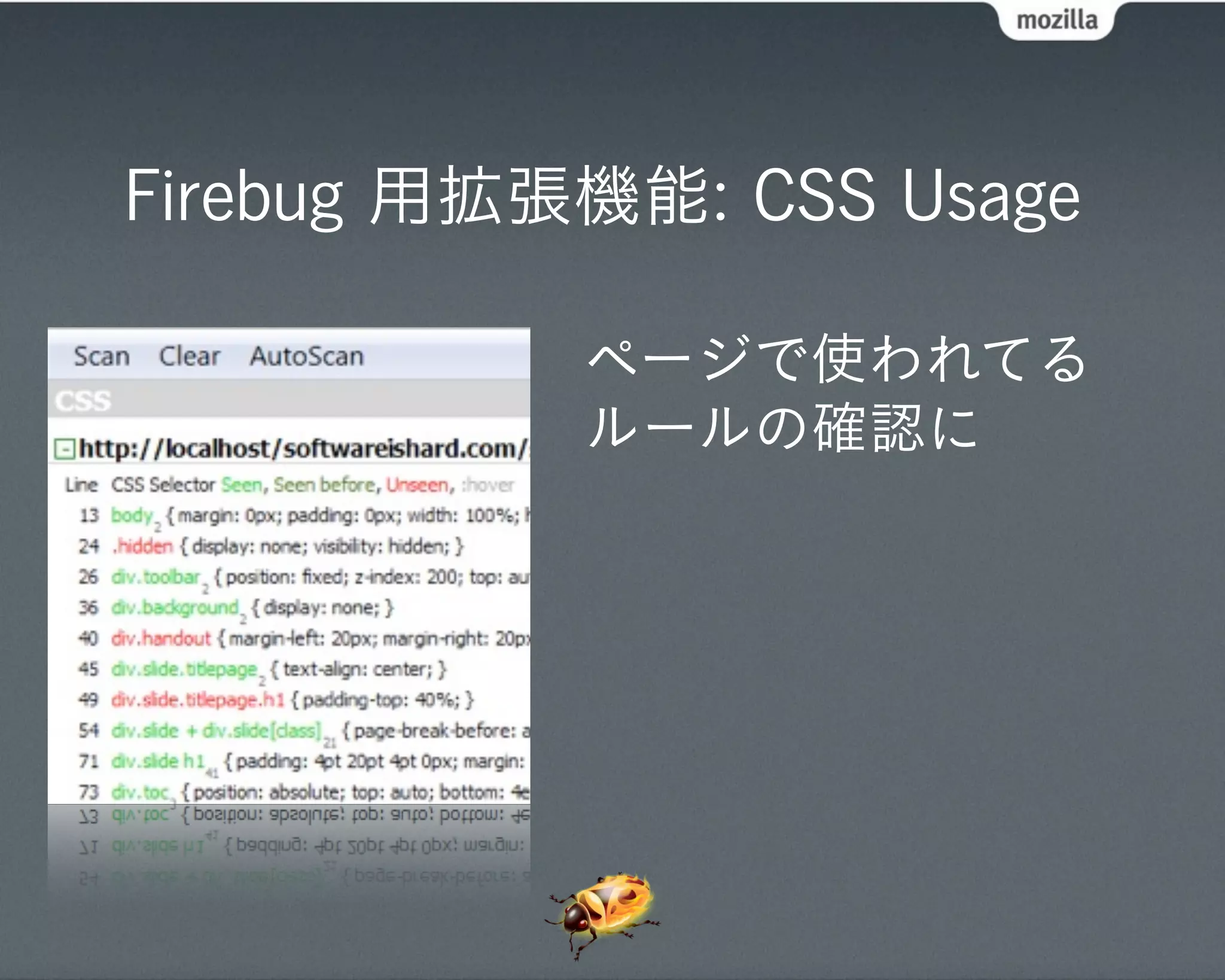 Firebug 用拡張機能: CSS Usage

           ページで使われてる
           ルールの確認に
 