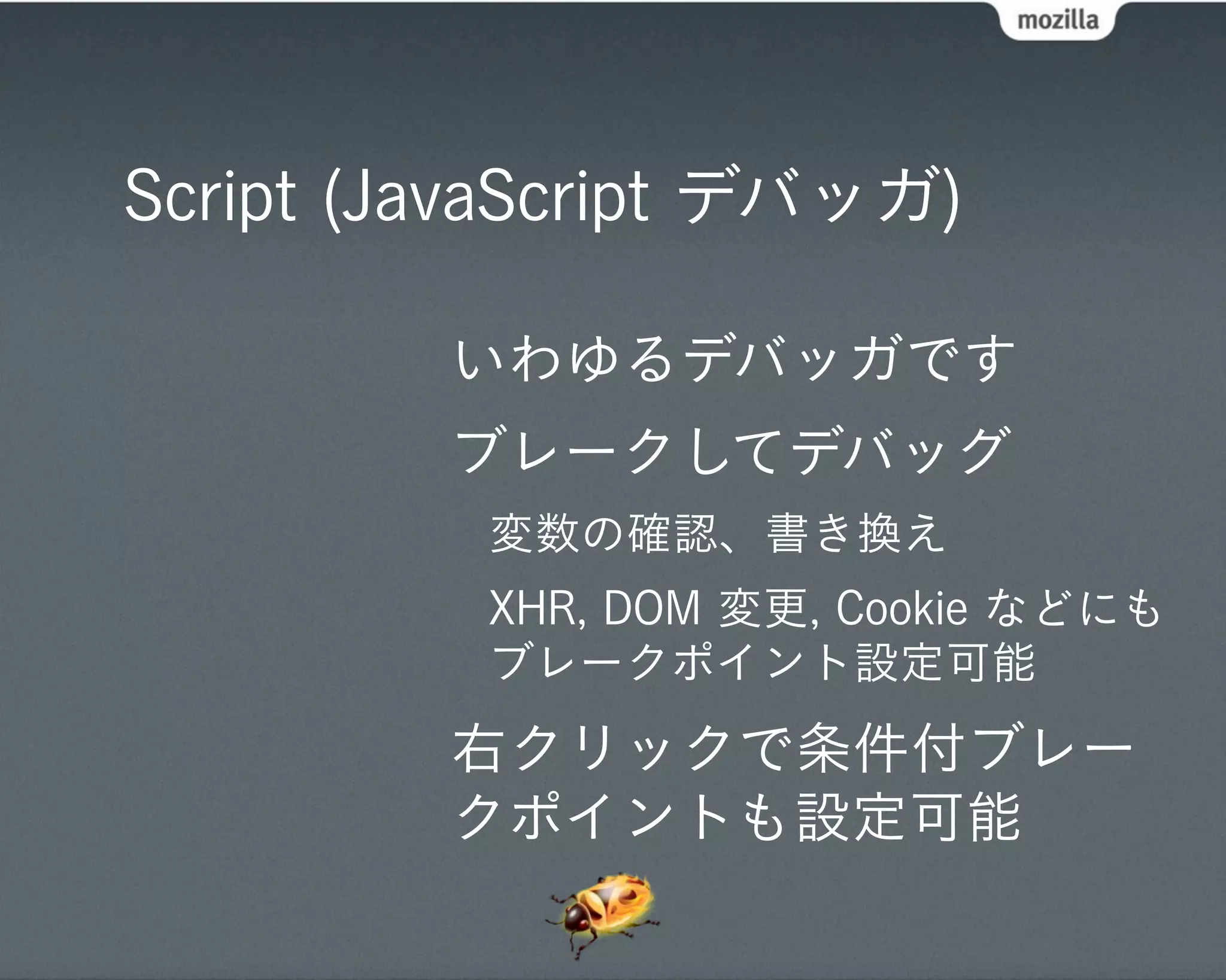Script (JavaScript デバッガ)

         いわゆるデバッガです
         ブレークしてデバッグ
          変数の確認、書き換え
          XHR, DOM 変更, Cookie などにも
          ブレークポイント設定可能
         右クリックで条件付ブレー
         クポイントも設定可能
 