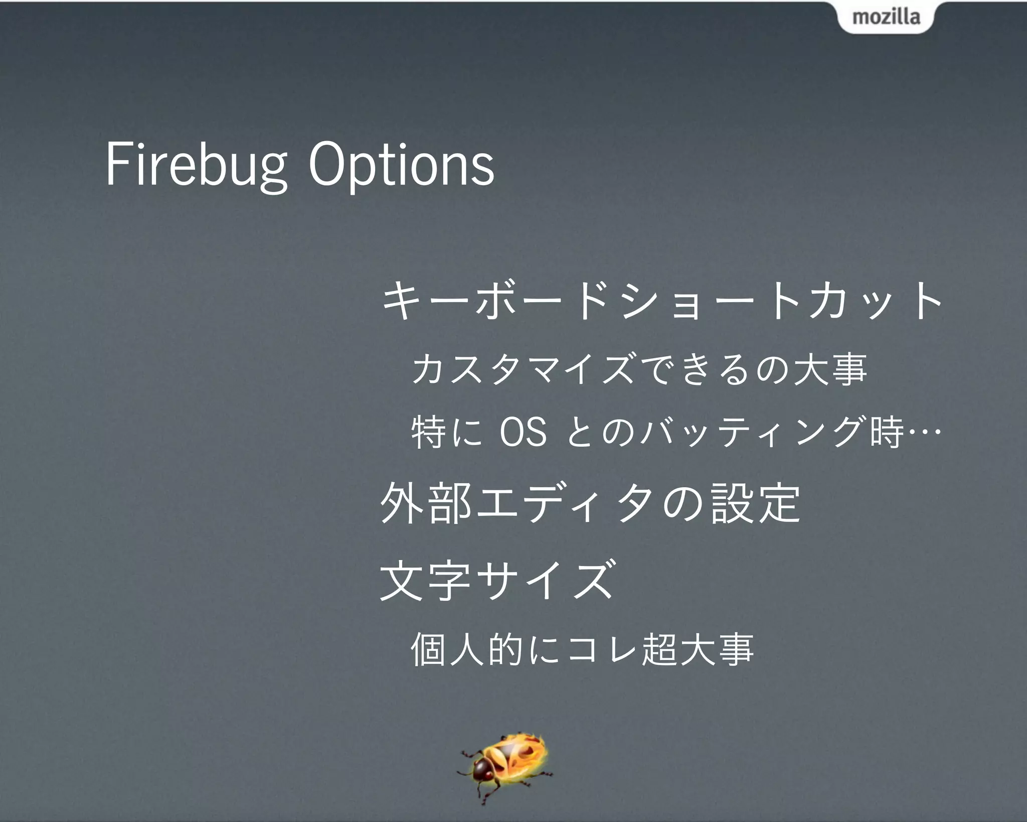 Firebug Options

          キーボードショートカット
           カスタマイズできるの大事
           特に OS とのバッティング時…
          外部エディタの設定
          文字サイズ
           個人的にコレ超大事
 