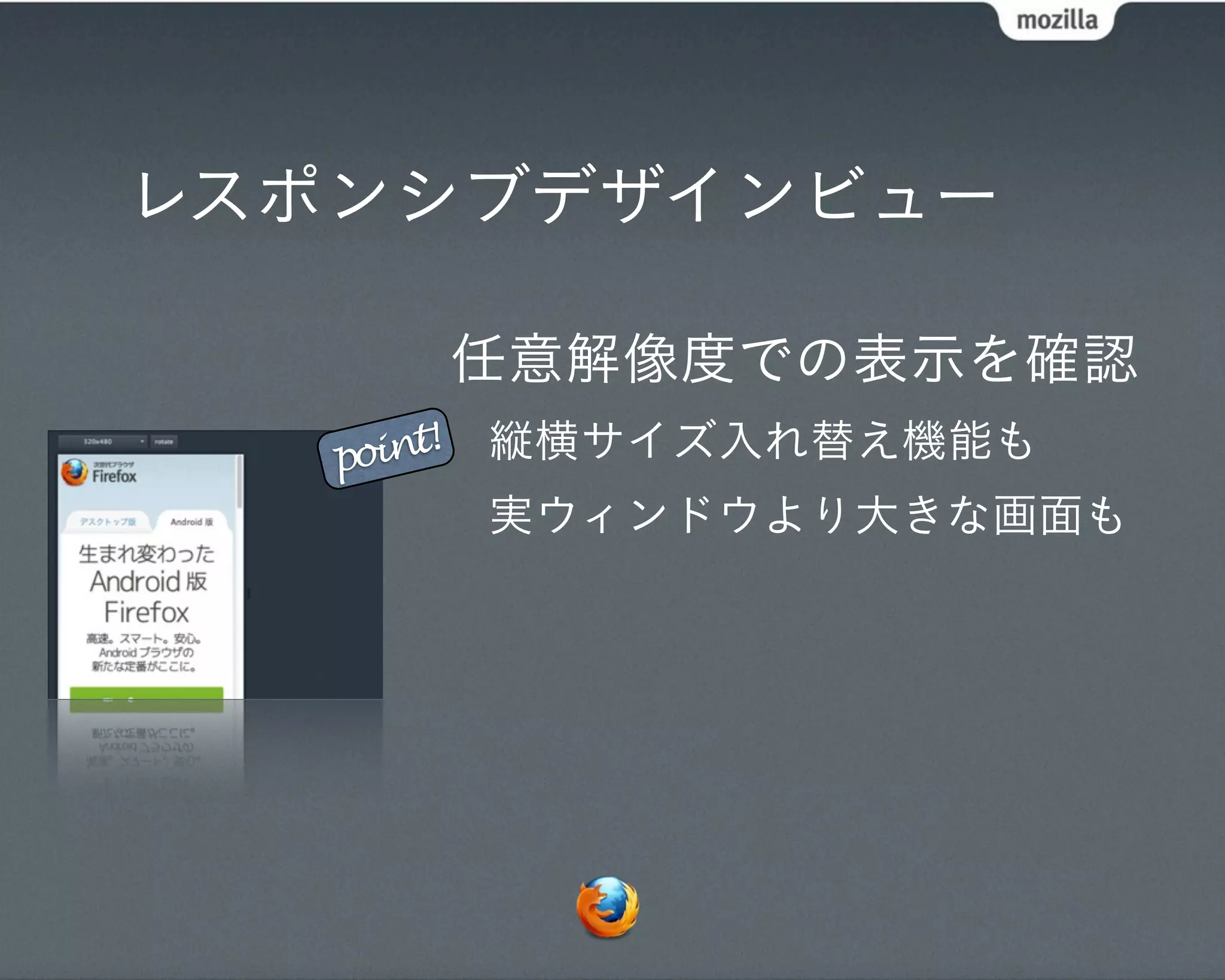 レスポンシブデザインビュー

            任意解像度での表示を確認
   point!   縦横サイズ入れ替え機能も
            実ウィンドウより大きな画面も
 