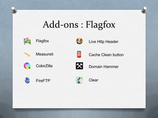 Add-ons : Flagfox
Flagfox       Live Http Header


Measureit     Cache Clean button

ColorZilla    Domain Hammer


FireFTP       Clear
 