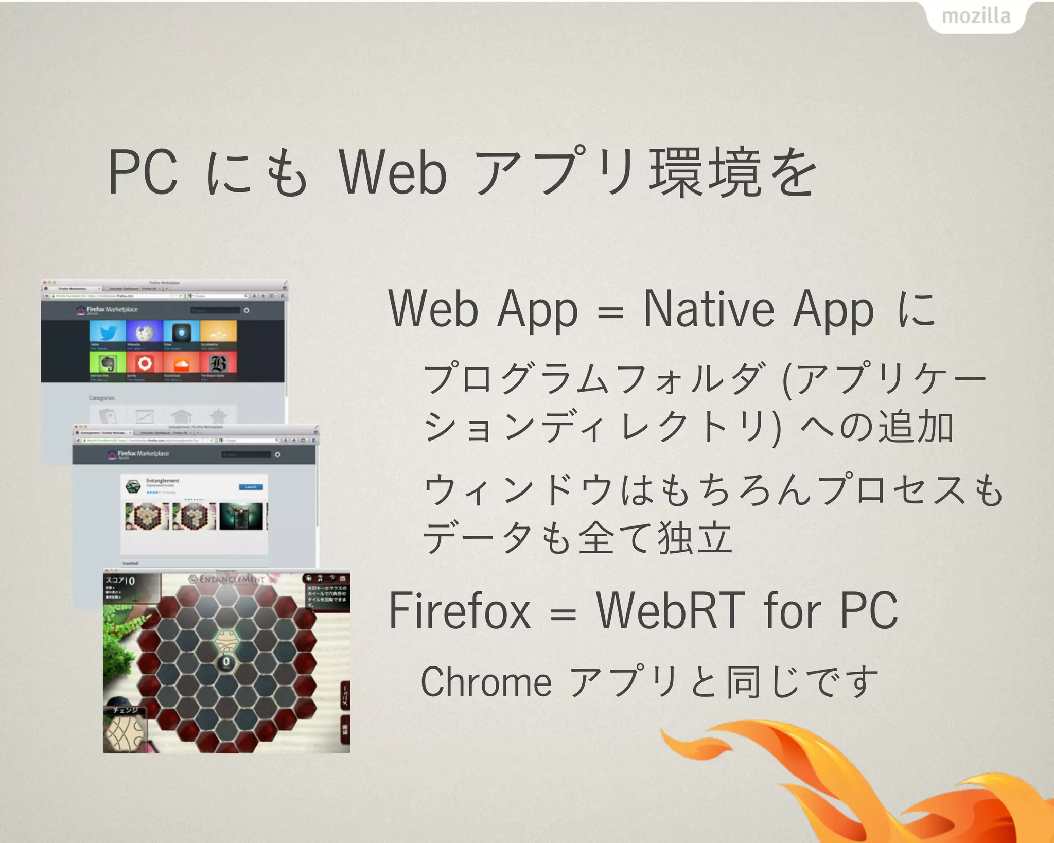 PC にも Web アプリ環境を
Web App = Native App に
プログラムフォルダ (アプリケー
ションディレクトリ) への追加
ウィンドウはもちろんプロセスも
データも全て独立
Firefox = WebRT for PC
Chrome アプリと同じです
 