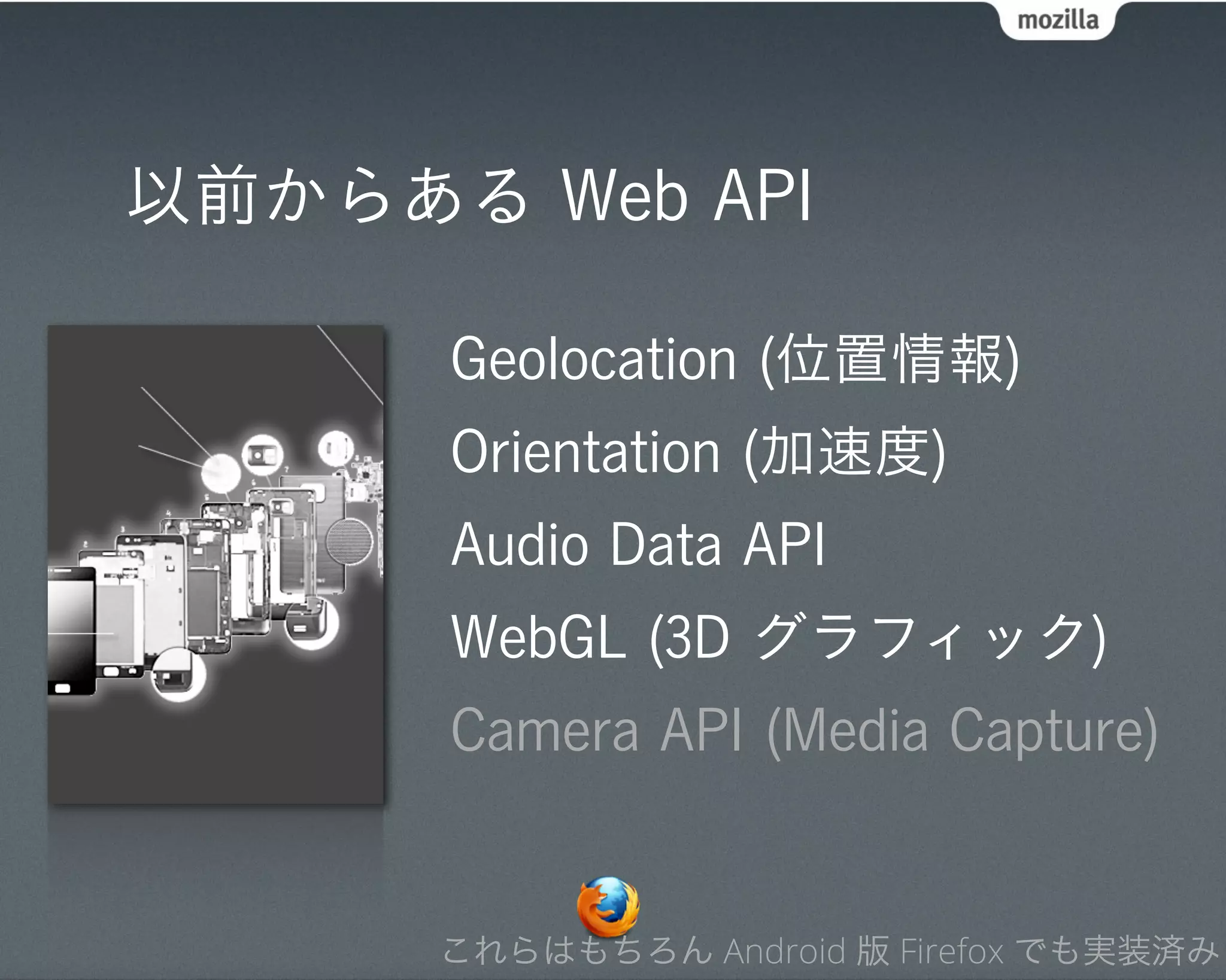以前からある Web API

      Geolocation (位置情報)
      Orientation (加速度)
      Audio Data API
      WebGL (3D グラフィック)
      Camera API (Media Capture)


      これらはもちろん Android 版 Firefox でも実装済み
 
