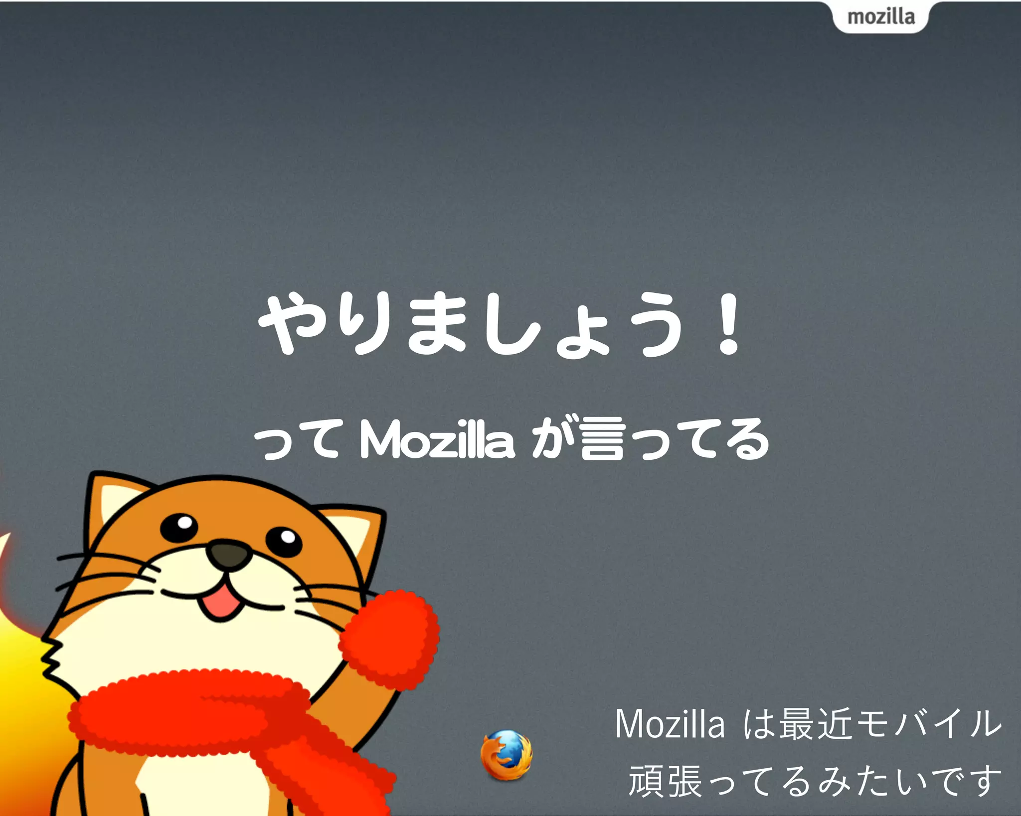 やりましょう！
って  MMoozziillllaa  が言ってる




                 Mozilla は最近モバイル
                 頑張ってるみたいです
 