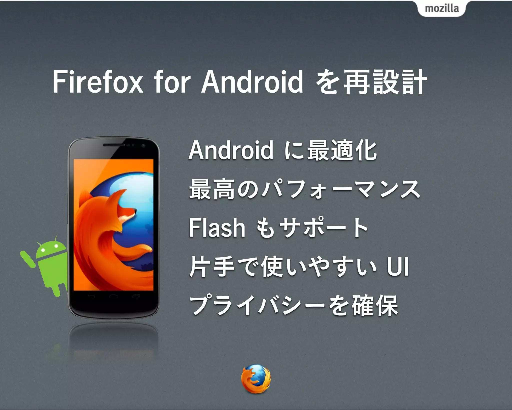 Firefox for Android を再設計

        Android に最適化
        最高のパフォーマンス
        Flash もサポート
        片手で使いやすい UI
        プライバシーを確保
 