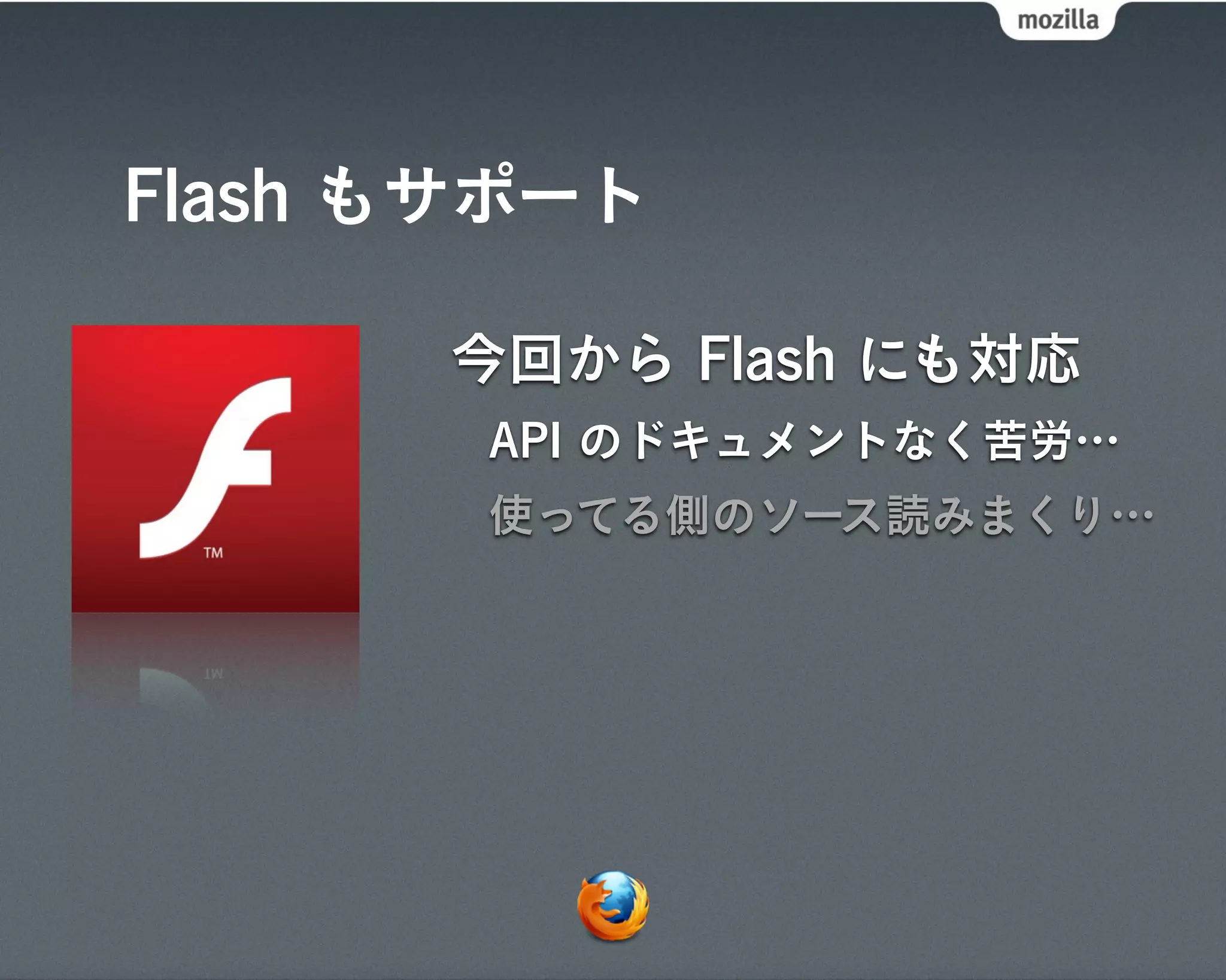 Flash もサポート

      今回から Flash にも対応
       API のドキュメントなく苦労…
       使ってる側のソース読みまくり…
 