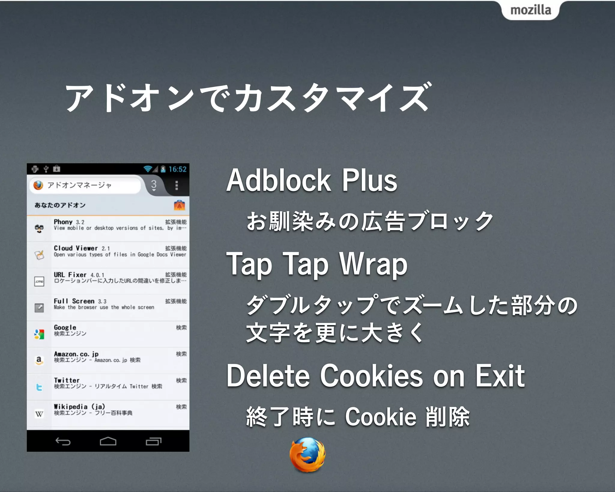 アドオンでカスタマイズ

    Adblock Plus
     お馴染みの広告ブロック
    Tap Tap Wrap
     ダブルタップでズームした部分の
     文字を更に大きく
    Delete Cookies on Exit
     終了時に Cookie 削除
 