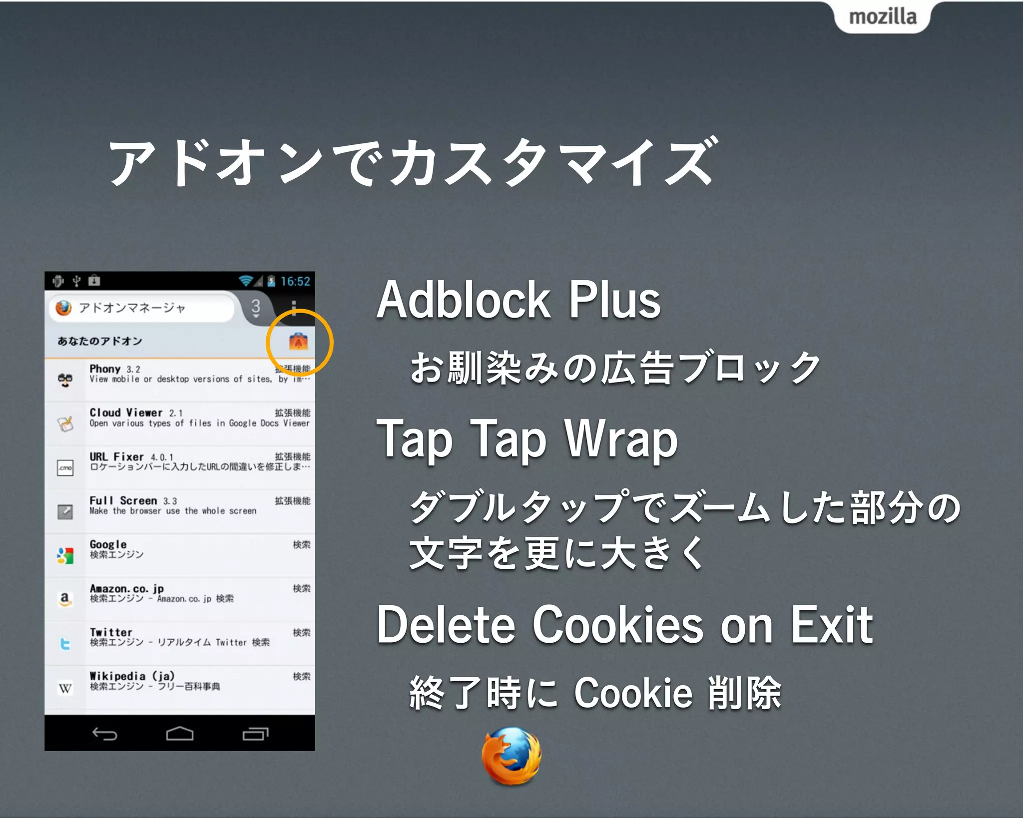 アドオンでカスタマイズ

    Adblock Plus
     お馴染みの広告ブロック
    Tap Tap Wrap
     ダブルタップでズームした部分の
     文字を更に大きく
    Delete Cookies on Exit
     終了時に Cookie 削除
 