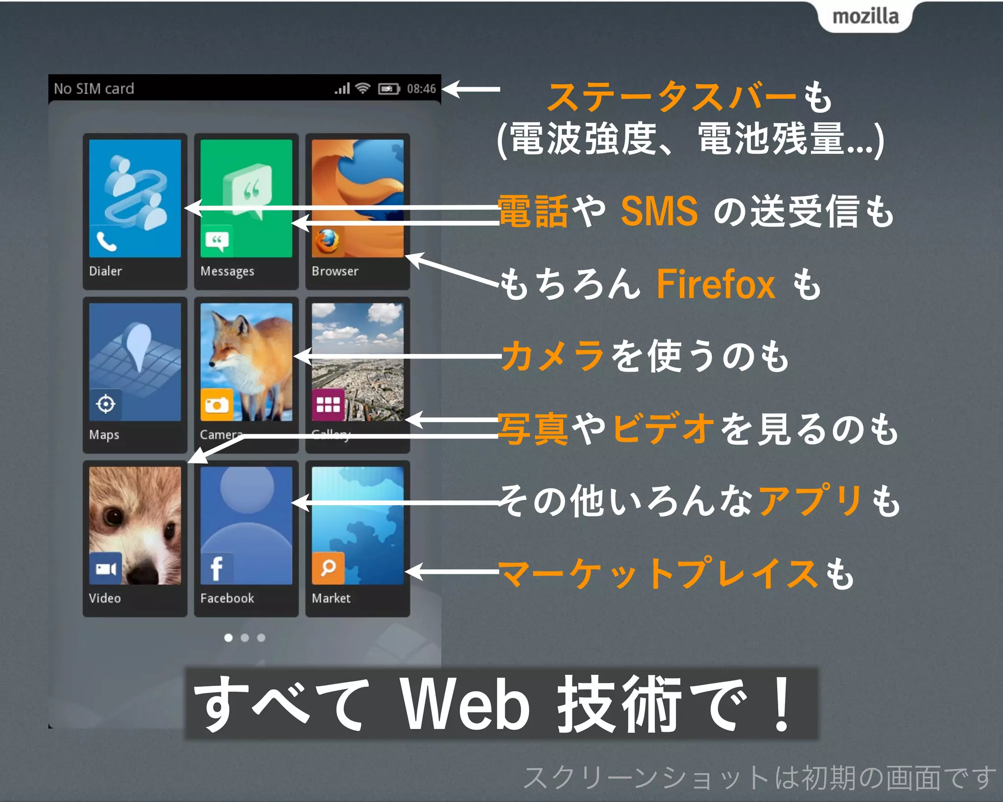 ステータスバーも
     (電波強度、電池残量...)
     電話や SMS の送受信も
     もちろん Firefox も
     カメラを使うのも
     写真やビデオを見るのも
     その他いろんなアプリも
     マーケットプレイスも


すべて Web 技術で！
      スクリーンショットは初期の画面です
 
