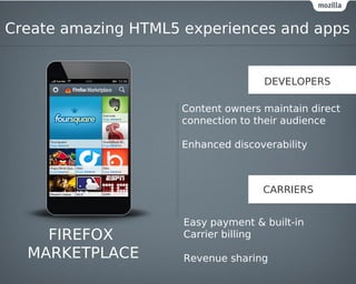 Create amazing HTML5 experiences and apps


                                    DEVELOPERS

                     Content owners maintain direct
                     connection to their audience

                     Enhanced discoverability



                                    CARRIERS


                     Easy payment & built-in
    FIREFOX          Carrier billing

  MARKETPLACE        Revenue sharing
 