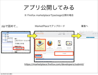 アプリ公開してみる
https://marketplace.ﬁrefox.com/developers/submit/
zipで固めて... MarketPlaceでアップロード 審査へ
※ Firefox marketplaceでpackage公開の場合
2013年6月19日水曜日
 