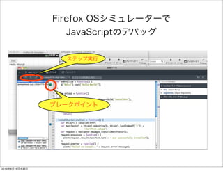 Firefox OSシミュレーターで
JavaScriptのデバッグ
ブレークポイント
ステップ実行
2013年6月19日水曜日
 