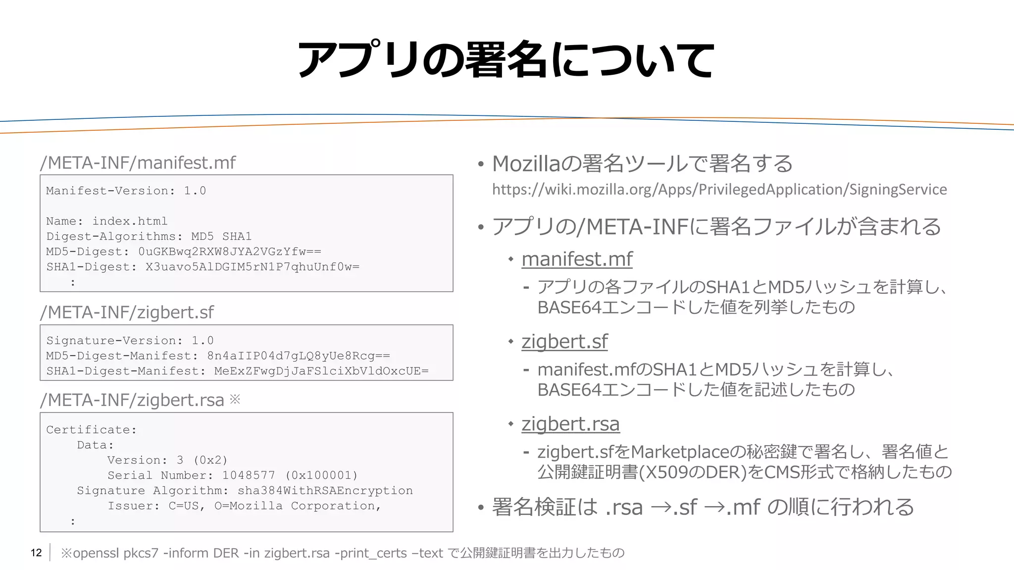 12
アプリの署名について
• Mozillaの署名ツールで署名する
https://wiki.mozilla.org/Apps/PrivilegedApplication/SigningService
• アプリの/META-INFに署名ファイルが含まれる
 manifest.mf
⁃ アプリの各ファイルのSHA1とMD5ハッシュを計算し、
BASE64エンコードした値を列挙したもの
 zigbert.sf
⁃ manifest.mfのSHA1とMD5ハッシュを計算し、
BASE64エンコードした値を記述したもの
 zigbert.rsa
⁃ zigbert.sfをMarketplaceの秘密鍵で署名し、署名値と
公開鍵証明書(X509のDER)をCMS形式で格納したもの
• 署名検証は .rsa →.sf →.mf の順に行われる
Manifest-Version: 1.0
Name: index.html
Digest-Algorithms: MD5 SHA1
MD5-Digest: 0uGKBwq2RXW8JYA2VGzYfw==
SHA1-Digest: X3uavo5AlDGIM5rN1P7qhuUnf0w=
:
Signature-Version: 1.0
MD5-Digest-Manifest: 8n4aIIP04d7gLQ8yUe8Rcg==
SHA1-Digest-Manifest: MeExZFwgDjJaFSlciXbVldOxcUE=
/META-INF/manifest.mf
/META-INF/zigbert.sf
Certificate:
Data:
Version: 3 (0x2)
Serial Number: 1048577 (0x100001)
Signature Algorithm: sha384WithRSAEncryption
Issuer: C=US, O=Mozilla Corporation,
:
/META-INF/zigbert.rsa ※
※openssl pkcs7 -inform DER -in zigbert.rsa -print_certs –text で公開鍵証明書を出力したもの
 
