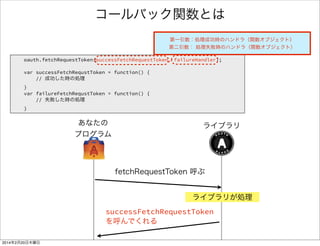 /** 
* OAuth関連で最初に行う処理 
*/ 
var firstOAuthFunc = function () { 
! 
// 最初にOAuthオブジェクトに喰わせる値たち 
var config = { 
consumerKey:"あなたのコンシューマーキー", 
consumerSecret:"あなたのコンシューマーシークレット", 
requestTokenUrl:"https://api.twitter.com/oauth/request_token", 
authorizationUrl:"https://api.twitter.com/oauth/authorize", 
accessTokenUrl:"https://api.twitter.com/oauth/access_token" 
}; 
! 
// OAuthのオブジェクトを作成 
oauth = new OAuth(config); 
! 
// 1. consumer key と consumer secret を使って、リクエストトークンを取得 
oauth.fetchRequestToken(successFetchRequestToken, failureHandler); 
}; 
何を書いたのか 
FirefoxTwitter js app.js 
失敗時のハンドラ 
成功時のハンドラ 
（すぐ後で出てきます） 
 