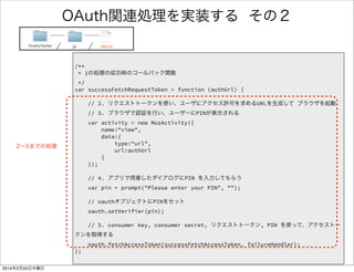 何を書いたのか 
FirefoxTwitter js app.js 
/** 
* 1の処理の成功時のコールバック関数 
*/ 
var successFetchRequestToken = function (authUrl) { 
! 
// 2. リクエストトークンを使い、ブラウザを起動 
// 3. ブラウザで認証を行い、ユーザーにPINが表示される 
var activity = new MozActivity({ 
name:"view", 
data:{ 
type:"url", 
url:authUrl 
} 
}); 
! 
// 4. アプリで用意したダイアログにPIN を入力してもらう 
var pin = prompt("Please enter your PIN", ""); 
! 
// oauthオブジェクトにPINをセット 
oauth.setVerifier(pin); 
! 
// 5. アクセストークンを取得する 
oauth.fetchAccessToken(successFetchAccessToken, failureHandler); 
}; 
1の処理成功時 
のハンドラ関数 
ブラウザで 
認証画面を開く 
PINを入力する 
窓を用意 
OAuthオブジェク 
トにPINセット 
アクセストークン 
を取得しにいく 
 
