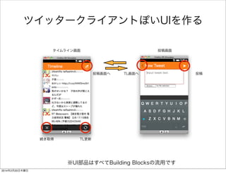 2. Firefox OSでTwitter Clientを作る 
• Twitter Developers に登録 
• OAuth関連処理を実装する 
• ツイッタークライアントぽいUIを作る 
• タイムラインを取得する 
• ツイート機能を実装する 
• 画像付きツイート機能を実装する 
 