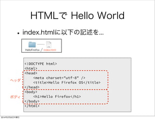 1. Firefox OSと仲良くなる 
• HTMLで Hello World 
• JavaScriptで Hello JS 
• cssを使う 
• Firefox OSらしいUIにする 
• 画面遷移を実装する 
• アプリ連携を体験する 
 