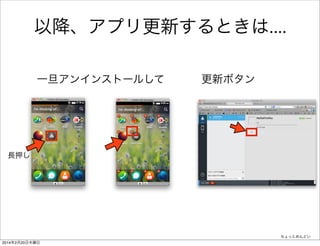 ナニを書いたのか 
• <(要素名)>〜</(要素名)>で要素を囲む構造 
<!DOCTYPE html> 
<html> 
<head> 
<meta charset="utf-8" /> 
<title>Hello Firefox OS</title> 
</head> 
<body> 
<h1>Hello Firefox</h1> 
</body> 
</html> 
HelloFirefox index.html 
<html> 
ヘッダ 
ボディ 
 