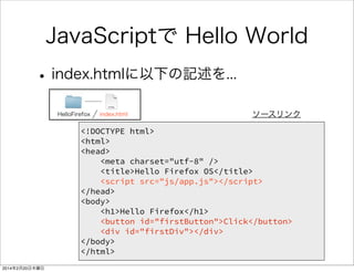 何を書いたのか 
• アプリに関する情報を記述 
HelloFirefox manifest.webapp 
{ 
"name": "HelloFirefox", 
"description": "My First app", 
"launch_path": "/index.html", 
"icons": { 
"128": "/img/icons/icon_128.png" 
} 
} 
アプリに関する 
情報 
アイコンのパス 
 