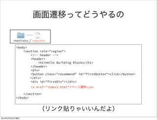 Firefox OSらしいUIとは 
Building Blocksのページ 
http://buildingfirefoxos.com/ 
サンプルアプリを 
インストールしてみよう 
※シミュレーターで 
https://marketplace.firefox.com/app/building-blocks 
 