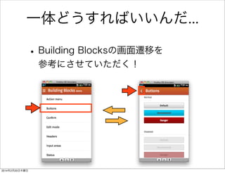 Building Blocks を取り込む 
コピーしたテキストを の<head>タグ内にペースト 
<head> 
<meta charset="utf-8" /> 
<title>Hello Firefox OS</title> 
<script src="js/lib/jquery-2.1.1.js"></script> 
<script src="js/app.js"></script> 
!! 
<!-- Building blocks --> 
<link rel="stylesheet" href="style/action_menu.css"> 
<link rel="stylesheet" href="style/buttons.css"> 
! 
! 
/* Whatever needs to be changed on landscape */ 
} 
</style> 
! 
<link rel="stylesheet" href="css/app.css"/> 
! 
</head> 
ペースト 
HelloFirefox index.html ソースリンク 
 