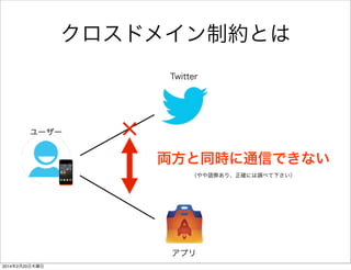クロスドメイン制約とは 
ユーザー 
Twitter 
アプリ 
× 
両方と同時に通信できない 
! 
（やや語弊あり、正確には調べて下さい） 
 