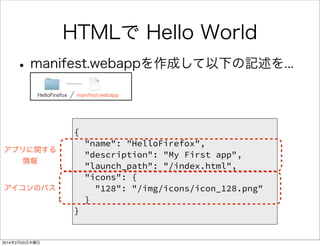 HTMLで Hello World 
• フォルダを作ります 
HelloFirefox 
• テキストファイルを作ります 
HelloFirefox index.html 
 