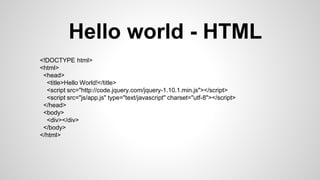 Hello world - HTML
<!DOCTYPE html>
<html>
<head>
<title>Hello World!</title>
<script src="http://code.jquery.com/jquery-1.10.1.min.js"></script>
<script src="js/app.js" type="text/javascript" charset="utf-8"></script>
</head>
<body>
<div></div>
</body>
</html>
 