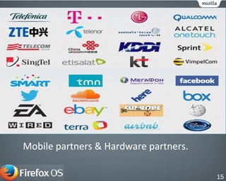 Sony preparing to launch first Firefox OS phone in
India.
first handset on Xperia E
Sony has already released a ROM of Firefox OS for
the Xperia aimed at developers and enthusiasts.
Mobile partners & Hardware partners.
15
 