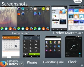 Screenshots
Home Screen
Calender
Firefox Marketplace
Phone Everything.me Clock
27
 