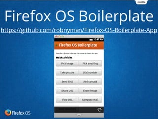 Firefox OS Boilerplate
https://github.com/robnyman/Firefox-OS-Boilerplate-App
 