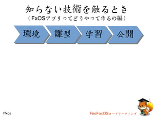 知らない技術を触るとき 
（FxOSアプリってどうやって作るの編） 
環境雛型学習公開
#fxos FireFoxOSコードリーティング 
 