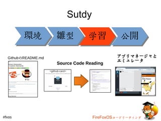 Sutdy 
環境雛型学習公開
GithubのREADME.md 
Source Code Reading 
アプリマネージャと 
エミュレータ 
#fxos FireFoxOSコードリーティング 
 