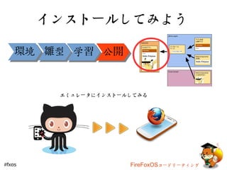 インストールしてみよう 
環境境雛型型学学習公公開
エミュレータにインストールしてみる 
#fxos FireFoxOSコードリーティング 
 