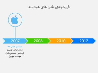 تاریخچه ی تلفى های هوػم ذً 
2007 
2008 
2010 
2012 
سیستم عامل ios 
هحصول اپل اولیى و 
قوی تزیى طیظتن عاهل 
هوػم ذً هوبایل 
 