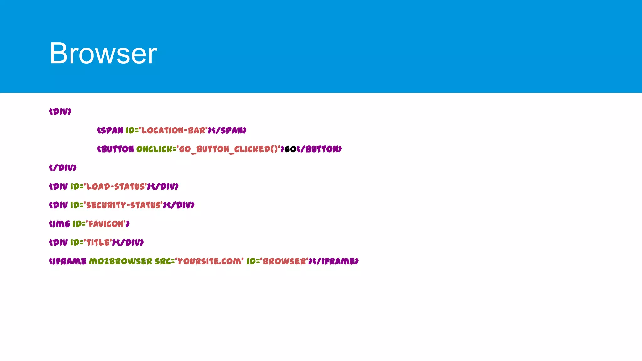 Browser
<div>
<span id='location-bar'></span>
<button onclick='go_button_clicked()'>Go</button>
</div>
<div id='load-status'></div>

<div id='security-status'></div>
<img id='favicon'>
<div id='title'></div>
<iframe mozbrowser src=‘yoursite.com' id='browser'></iframe>

 