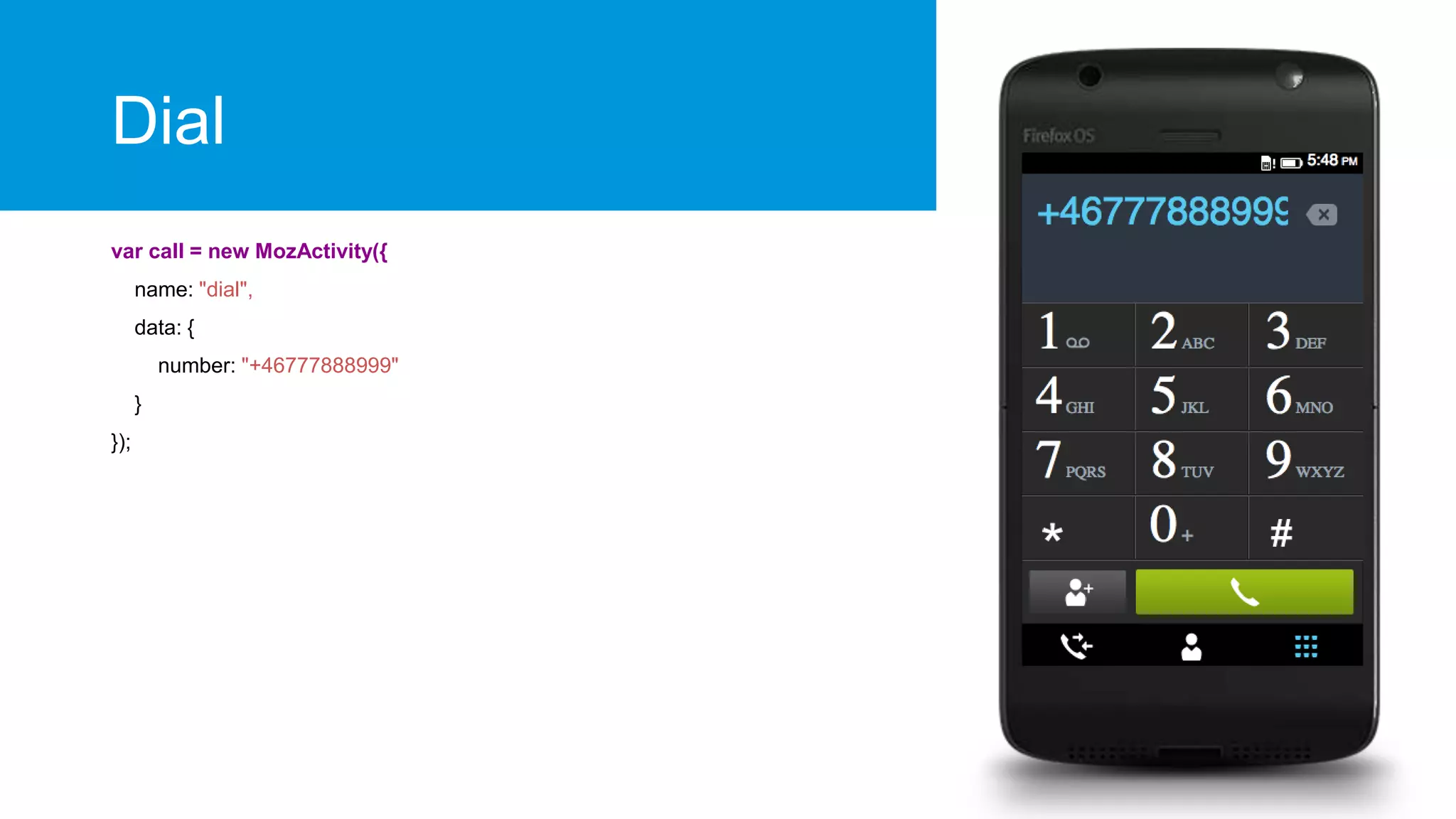 Dial
var call = new MozActivity({
name: "dial",
data: {
number: "+46777888999"
}
});

 