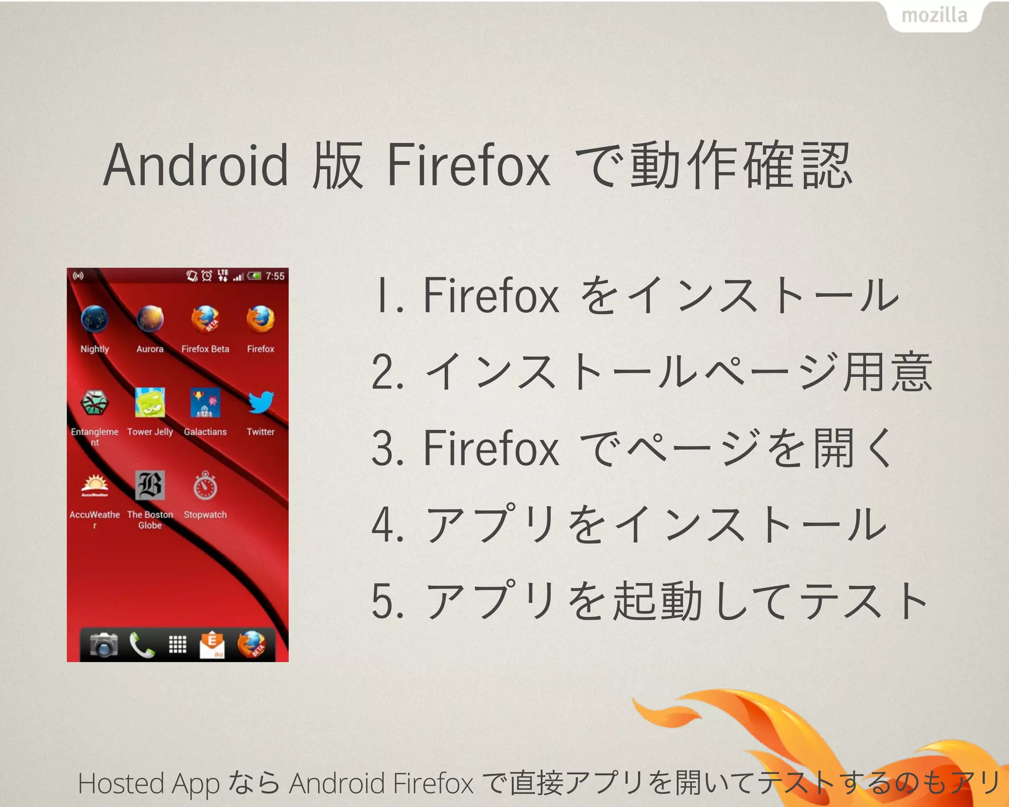 Android 版 Firefox で動作確認
1. Firefox をインストール
2. インストールページ用意
3. Firefox でページを開く
4. アプリをインストール
5. アプリを起動してテスト
Hosted App なら Android Firefox で直接アプリを開いてテストするのもアリ
 