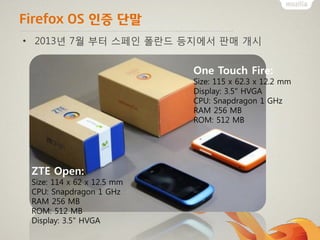 Firefox OS 인증 단말
ZTE Open:
Size: 114 x 62 x 12.5 mm
CPU: Snapdragon 1 GHz
RAM 256 MB
ROM: 512 MB
Display: 3.5" HVGA
One Touch Fire:
Size: 115 x 62.3 x 12.2 mm
Display: 3.5" HVGA
CPU: Snapdragon 1 GHz
RAM 256 MB
ROM: 512 MB
• 2013년 7월 부터 스페인 폴란드 등지에서 판매 개시
 