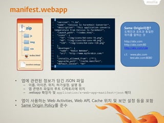 manifest.webapp
• 앱에 관련된 정보가 담긴 JSON 파일
– 이름, 아이콘, 위치, 허가설정, 설명 등
– 앱 콘텐츠 파일의 루트 디렉토리에 위치
– .webapp 확장자 및 application/x-web-app-manifest+json 헤더
• 앱이 사용하는 Web Activities, Web API, Cache 위치 및 보안 설정 등을 포함
• Same Origin Policy를 준수
Same Origin이란?
도메인과 포트과 동일한
위치를 말하는 것
http://abc.com
http://abc.com:80
http://abc.com/cde
c.f. www.abc.com
test.abc.com:8080
 