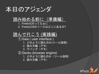 #fxos
դΥ
iʼǰˣʂ侎
1. FirefoxOSäƤʤ
2. FirefoxOSΥ`Ϥɤˤ?
iФ (g)
Gaia ( user interface )
1. ɤΤ褦iΤ(ĩ`h)
2. i߷ǥ⣩
3. ǥХåǥ⣩
Gecko (browser engine)
1. ɤΤ褦iΤĩ`h
2. i߷ǥ⣩
 