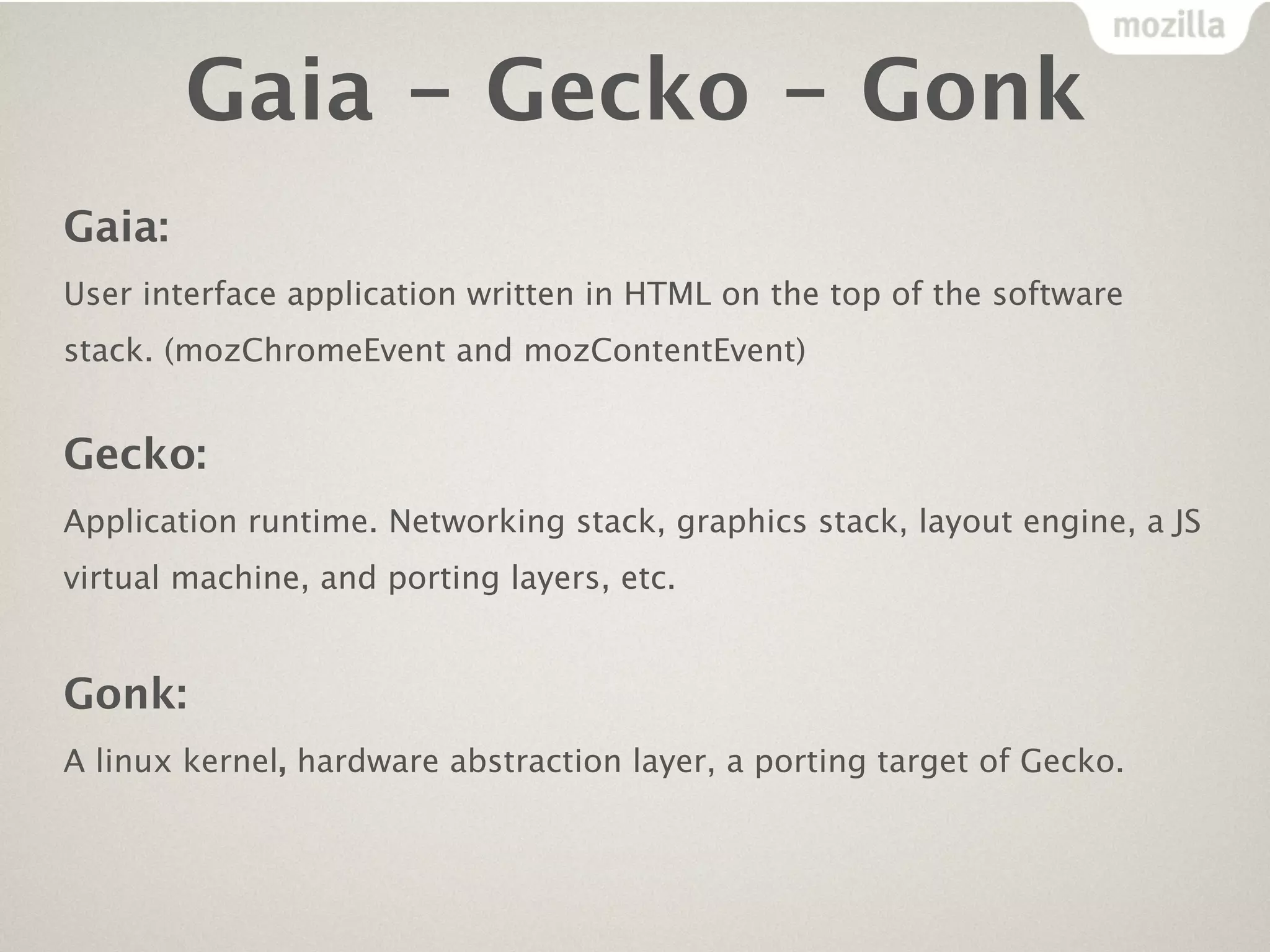 Gaia - Gecko - Gonk
Gaia:
User interface application written in HTML on the top of the software
stack. (mozChromeEvent and mozContentEvent)


Gecko:
Application runtime. Networking stack, graphics stack, layout engine, a JS
virtual machine, and porting layers, etc.


Gonk:
A linux kernel, hardware abstraction layer, a porting target of Gecko.
 