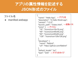 アプリの属性情報を記述する
JSON形式のファイル
ファイル名
● manifest.webapp
{
"name": "Hello App",
"description": "A Hello World app",
"version": "1.0.0",
"launch_path": "/index.html",
"icons": {
"16": "/icons/icon16x16.png",
"48": "/icons/icon48x48.png",
"60": "/icons/icon60x60.png",
"128": "/icons/icon128x128.png"
},
"developer": {
"name": "flatbird",
"url": "https://github.com/flatbird"
},
"default_locale": "en",
"type": "web"
}
←アプリ名
←アイコン
←起動パス
←アプリのタイプ
 