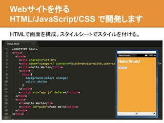 Webサイトを作る
HTML/JavaScript/CSS で開発します
HTMLで画面を構成。スタイルシートでスタイルを付ける。
 