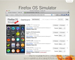 Firefox OS Simulator
プロファイル付きデスクトップビルドにホームボタンを追加
コンソールやディレクトリからアプリケーションを読み込む機能も
 