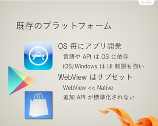 既存のプラットフォーム
OS 毎にアプリ開発
言語や API は OS に依存
iOS/Windows は UI 制限も強い
WebView はサブセット
WebView << Native
追加 API が標準化されない
 