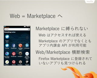 Web = Marketplace へ
Marketplace に縛られない
Web はアクセスすれば使える
Marketplace のアプリでなくとも
アプリ内課金 API が利用可能
Web/Marketplace 横断検索
Firefox Marketplace に登録されて
いないアプリも見つけられる
 