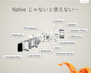 Multitouch
Accelerometer
Cameras
Speaker
Microphone
Gyro
Hardware Keys
Bluetooth
Light Sensor
Proximity Sensor
USB Access
Vibration Motor
Native じゃないと使えない…
 
