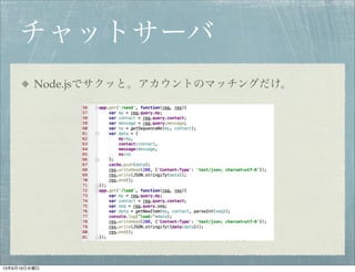 チャットサーバ
Node.jsでサクッと。アカウントのマッチングだけ。
13年6月19日水曜日
 
